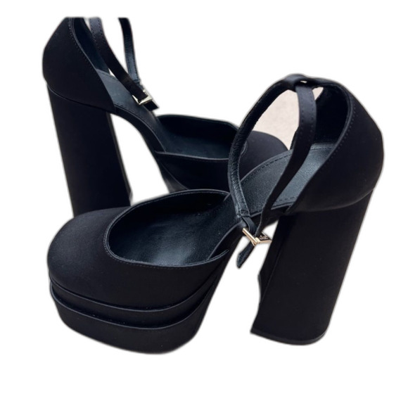 Black 6 in block heel with 2 in platform, glossy fabric, cool disco shoes, 8 - Picture 2 of 11